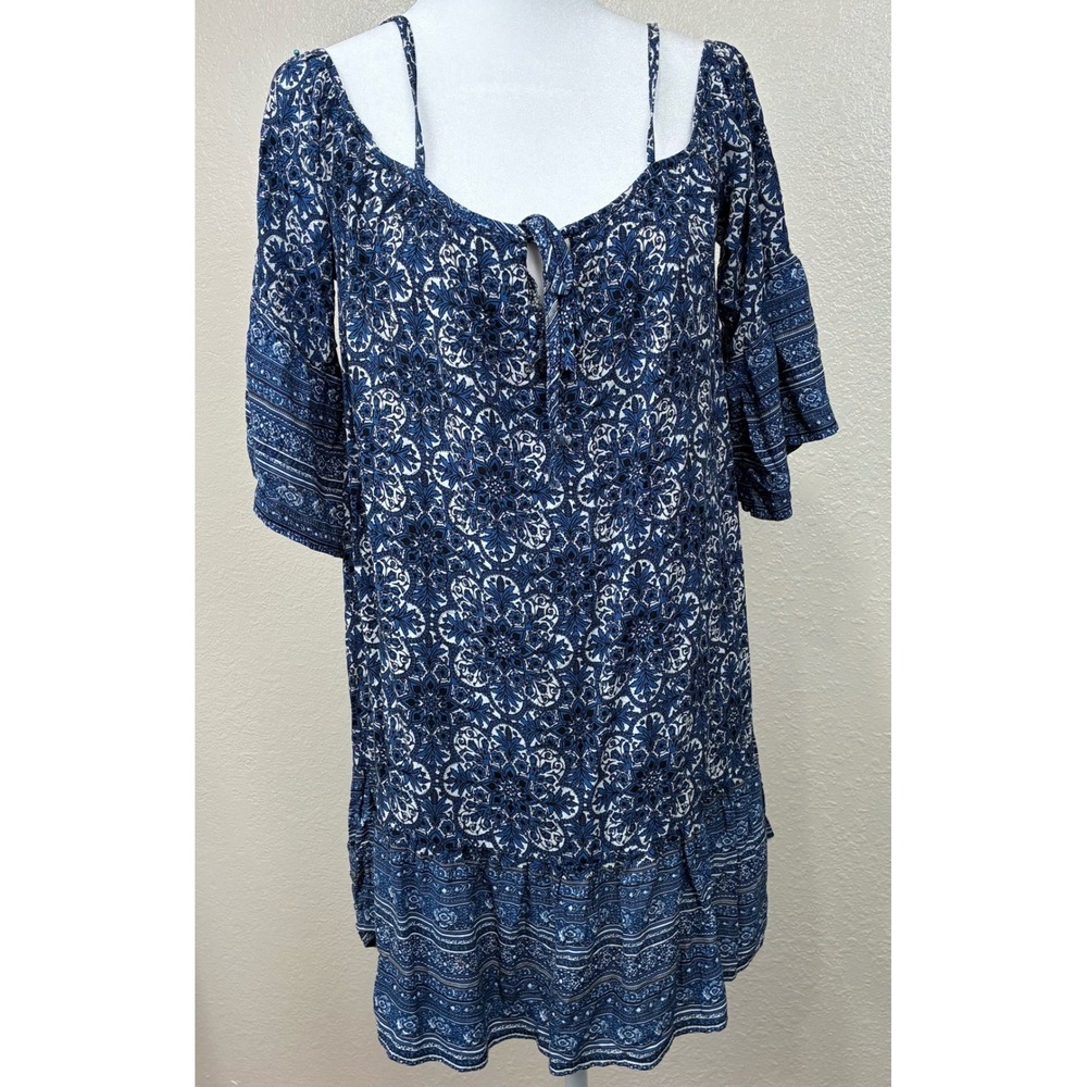 Blue Paisley Cold Shoulder Mini Dress Bell Sleeve Cottagecore‎ Medallion Print M